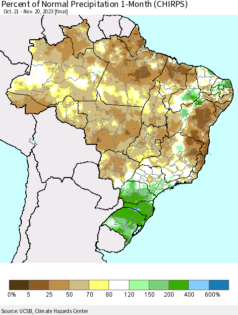 Brazil Percent of Normal Precipitation 1-Month (CHIRPS) Thematic Map For 10/21/2023 - 11/20/2023
