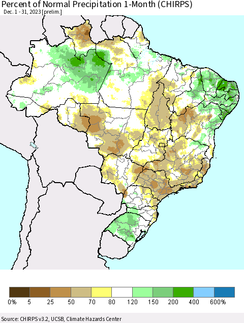 Brazil Percent of Normal Precipitation 1-Month (CHIRPS) Thematic Map For 12/1/2023 - 12/31/2023