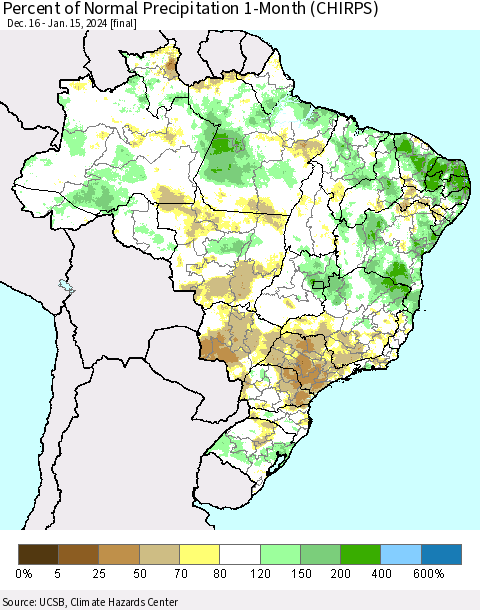 Brazil Percent of Normal Precipitation 1-Month (CHIRPS) Thematic Map For 12/16/2023 - 1/15/2024
