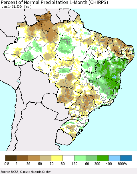 Brazil Percent of Normal Precipitation 1-Month (CHIRPS) Thematic Map For 1/1/2024 - 1/31/2024