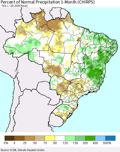 Brazil Percent of Normal Precipitation 1-Month (CHIRPS) Thematic Map For 2/1/2024 - 2/29/2024