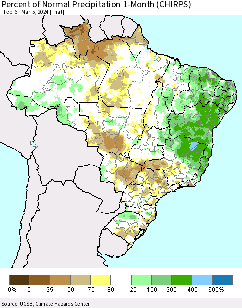 Brazil Percent of Normal Precipitation 1-Month (CHIRPS) Thematic Map For 2/6/2024 - 3/5/2024