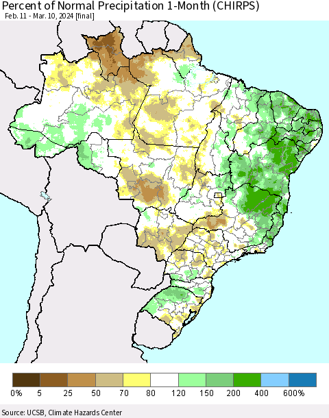 Brazil Percent of Normal Precipitation 1-Month (CHIRPS) Thematic Map For 2/11/2024 - 3/10/2024