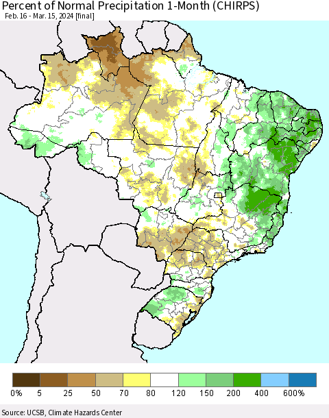 Brazil Percent of Normal Precipitation 1-Month (CHIRPS) Thematic Map For 2/16/2024 - 3/15/2024