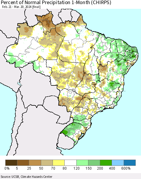 Brazil Percent of Normal Precipitation 1-Month (CHIRPS) Thematic Map For 2/21/2024 - 3/20/2024