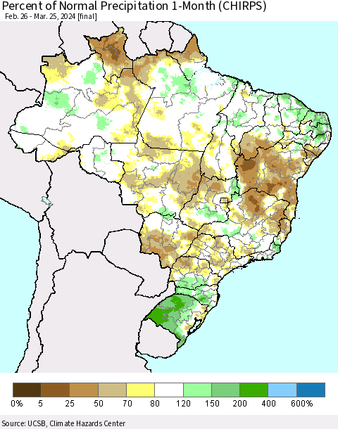 Brazil Percent of Normal Precipitation 1-Month (CHIRPS) Thematic Map For 2/26/2024 - 3/25/2024