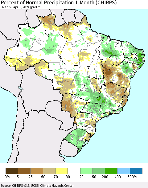 Brazil Percent of Normal Precipitation 1-Month (CHIRPS) Thematic Map For 3/6/2024 - 4/5/2024