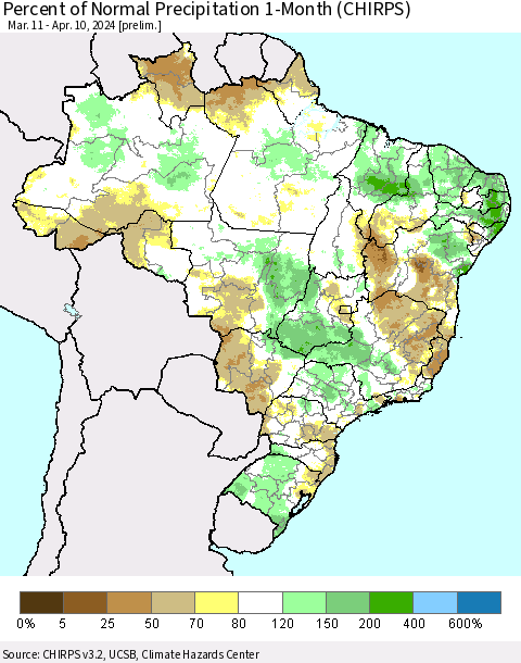 Brazil Percent of Normal Precipitation 1-Month (CHIRPS) Thematic Map For 3/11/2024 - 4/10/2024