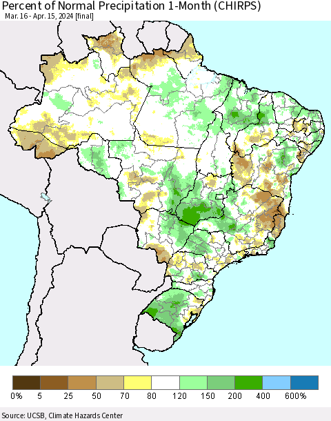 Brazil Percent of Normal Precipitation 1-Month (CHIRPS) Thematic Map For 3/16/2024 - 4/15/2024