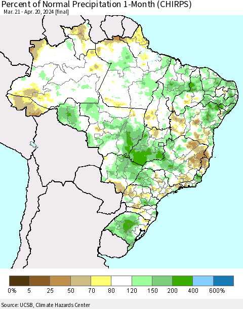 Brazil Percent of Normal Precipitation 1-Month (CHIRPS) Thematic Map For 3/21/2024 - 4/20/2024
