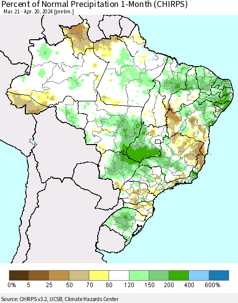 Brazil Percent of Normal Precipitation 1-Month (CHIRPS) Thematic Map For 3/21/2024 - 4/20/2024