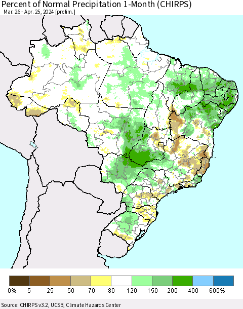 Brazil Percent of Normal Precipitation 1-Month (CHIRPS) Thematic Map For 3/26/2024 - 4/25/2024