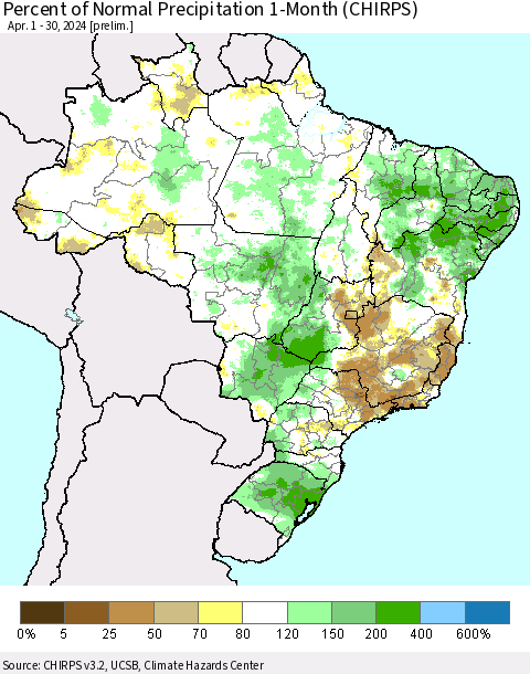 Brazil Percent of Normal Precipitation 1-Month (CHIRPS) Thematic Map For 4/1/2024 - 4/30/2024