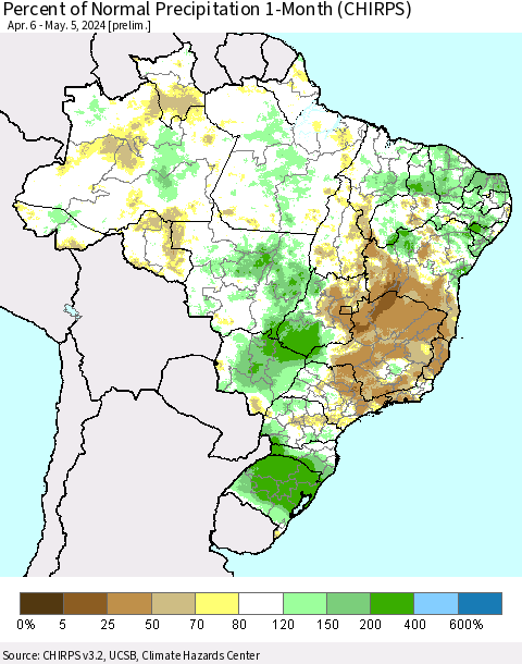 Brazil Percent of Normal Precipitation 1-Month (CHIRPS) Thematic Map For 4/6/2024 - 5/5/2024