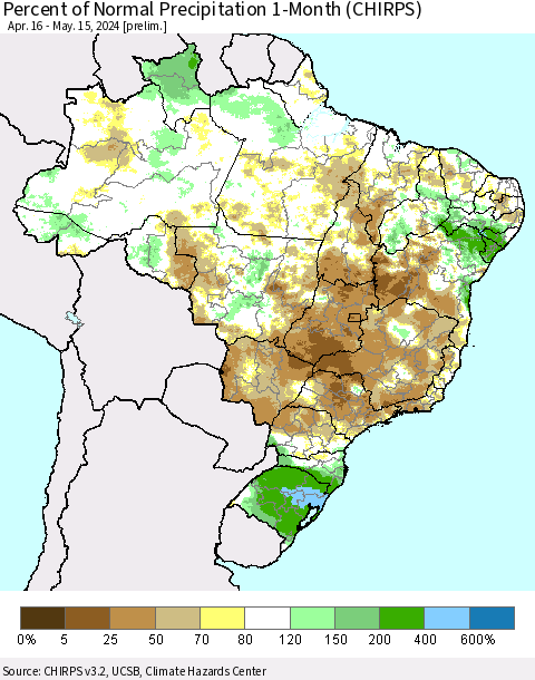 Brazil Percent of Normal Precipitation 1-Month (CHIRPS) Thematic Map For 4/16/2024 - 5/15/2024