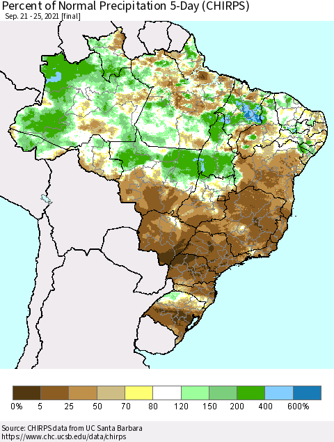 Brazil Percent of Normal Precipitation 5-Day (CHIRPS) Thematic Map For 9/21/2021 - 9/25/2021