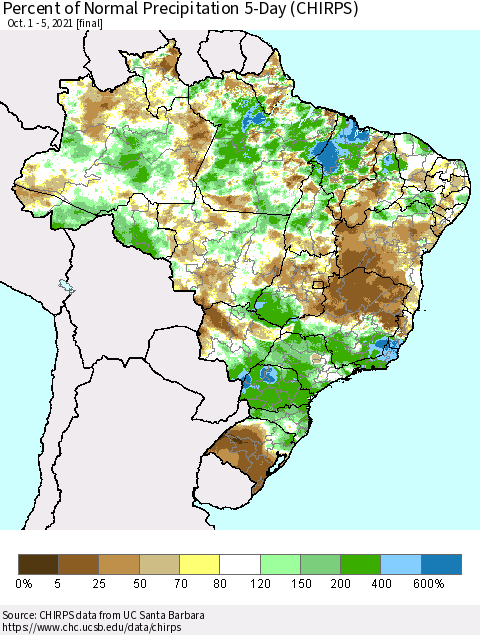 Brazil Percent of Normal Precipitation 5-Day (CHIRPS) Thematic Map For 10/1/2021 - 10/5/2021