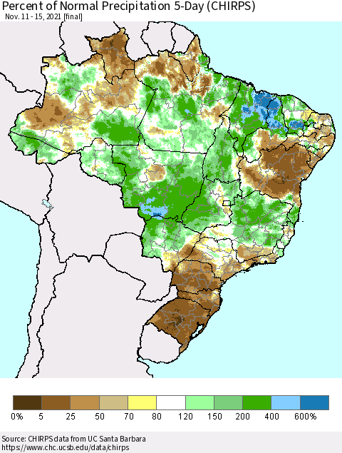 Brazil Percent of Normal Precipitation 5-Day (CHIRPS) Thematic Map For 11/11/2021 - 11/15/2021