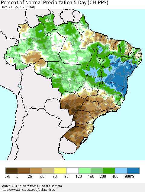 Brazil Percent of Normal Precipitation 5-Day (CHIRPS) Thematic Map For 12/21/2021 - 12/25/2021