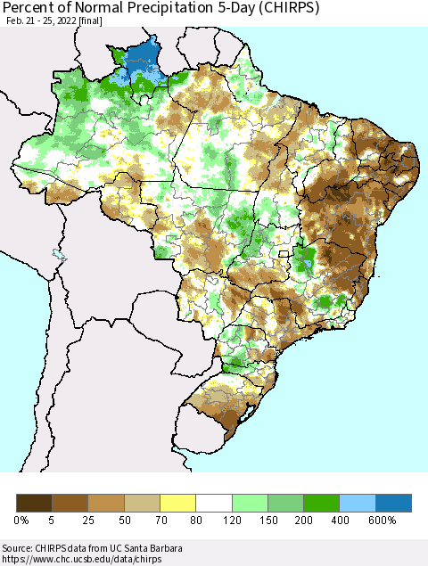 Brazil Percent of Normal Precipitation 5-Day (CHIRPS) Thematic Map For 2/21/2022 - 2/25/2022
