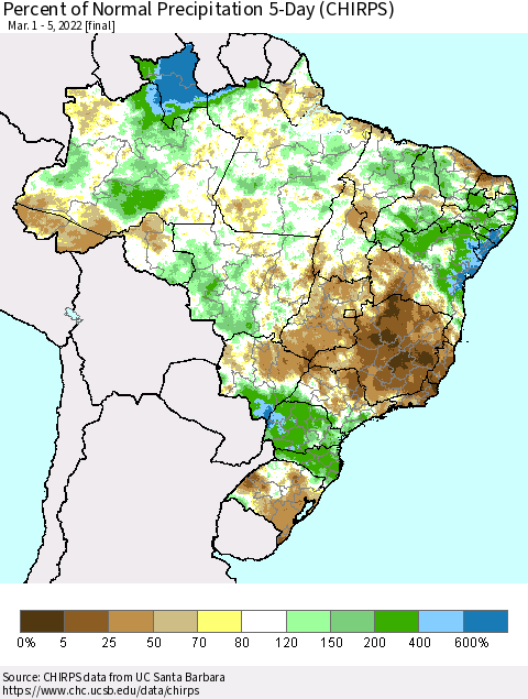 Brazil Percent of Normal Precipitation 5-Day (CHIRPS) Thematic Map For 3/1/2022 - 3/5/2022