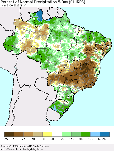 Brazil Percent of Normal Precipitation 5-Day (CHIRPS) Thematic Map For 3/6/2022 - 3/10/2022