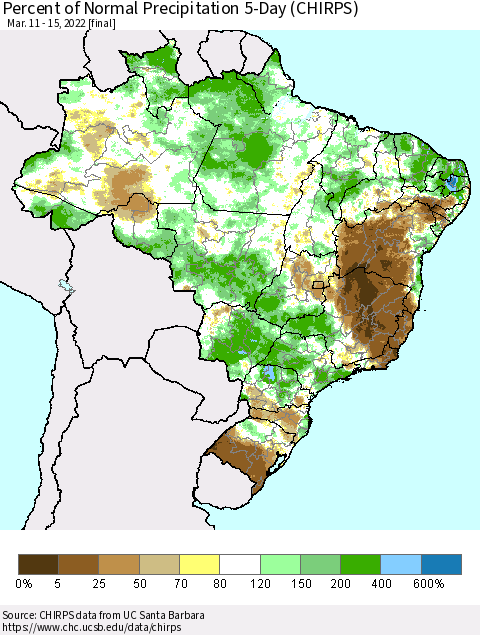 Brazil Percent of Normal Precipitation 5-Day (CHIRPS) Thematic Map For 3/11/2022 - 3/15/2022