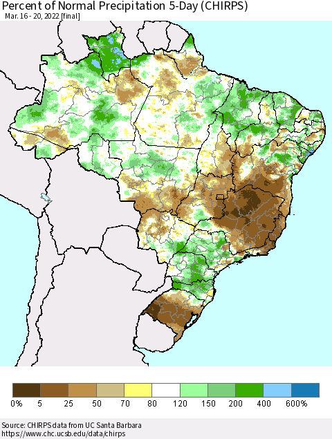 Brazil Percent of Normal Precipitation 5-Day (CHIRPS) Thematic Map For 3/16/2022 - 3/20/2022