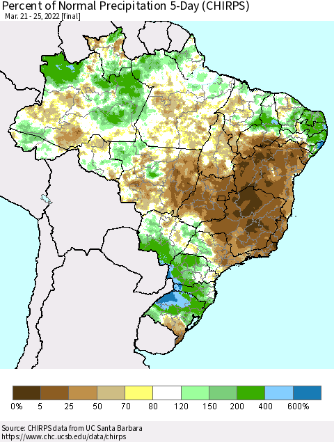 Brazil Percent of Normal Precipitation 5-Day (CHIRPS) Thematic Map For 3/21/2022 - 3/25/2022