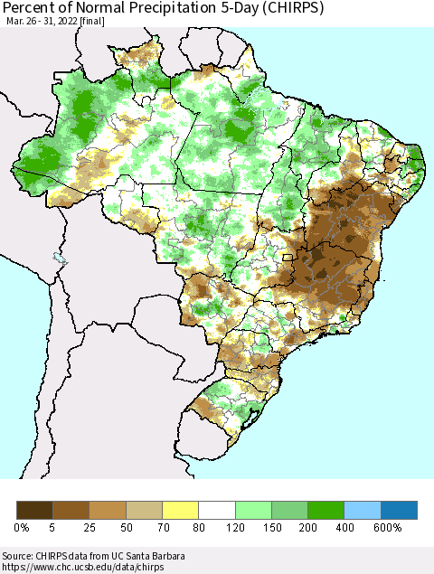 Brazil Percent of Normal Precipitation 5-Day (CHIRPS) Thematic Map For 3/26/2022 - 3/31/2022