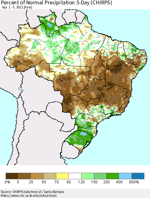 Brazil Percent of Normal Precipitation 5-Day (CHIRPS) Thematic Map For 4/1/2022 - 4/5/2022