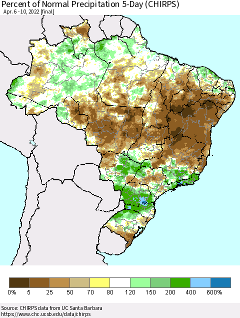 Brazil Percent of Normal Precipitation 5-Day (CHIRPS) Thematic Map For 4/6/2022 - 4/10/2022