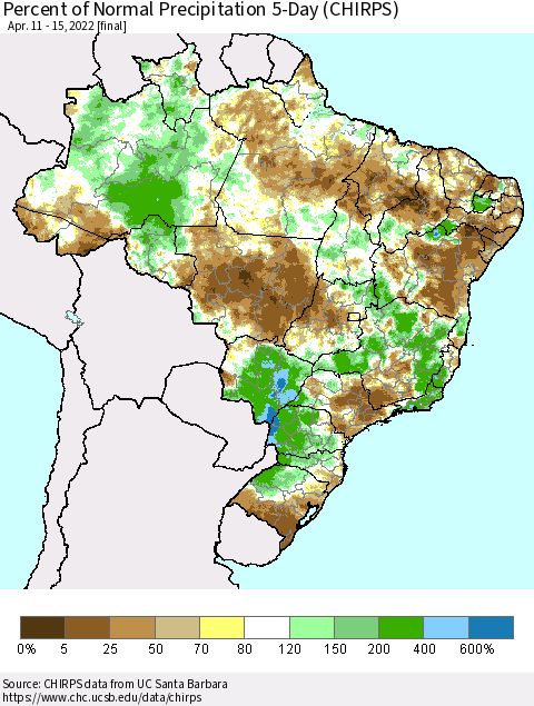 Brazil Percent of Normal Precipitation 5-Day (CHIRPS) Thematic Map For 4/11/2022 - 4/15/2022