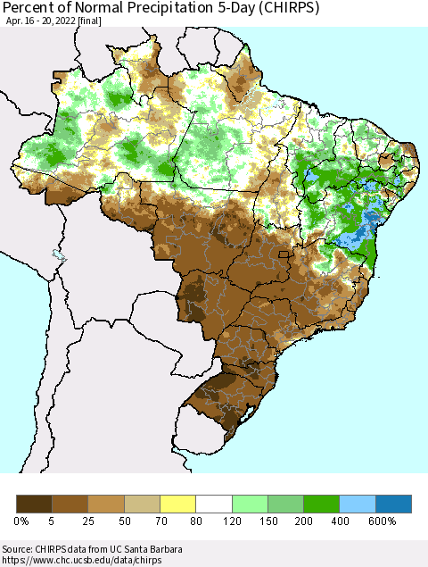 Brazil Percent of Normal Precipitation 5-Day (CHIRPS) Thematic Map For 4/16/2022 - 4/20/2022
