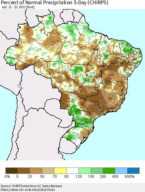 Brazil Percent of Normal Precipitation 5-Day (CHIRPS) Thematic Map For 4/21/2022 - 4/25/2022