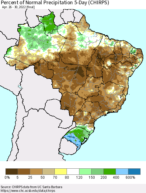 Brazil Percent of Normal Precipitation 5-Day (CHIRPS) Thematic Map For 4/26/2022 - 4/30/2022