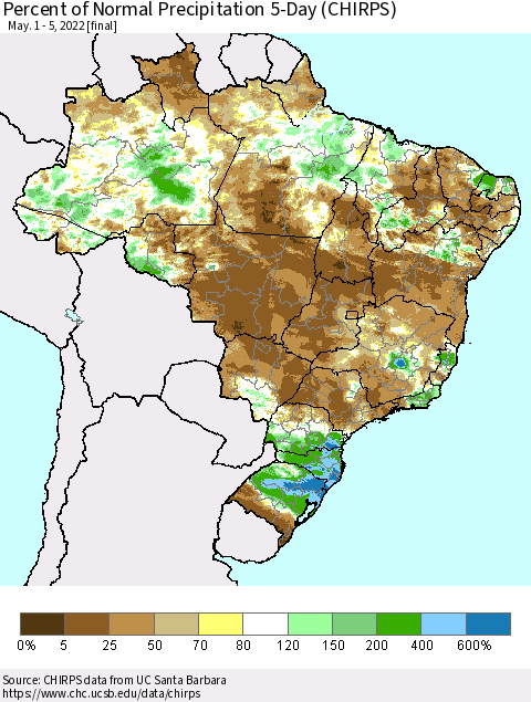 Brazil Percent of Normal Precipitation 5-Day (CHIRPS) Thematic Map For 5/1/2022 - 5/5/2022