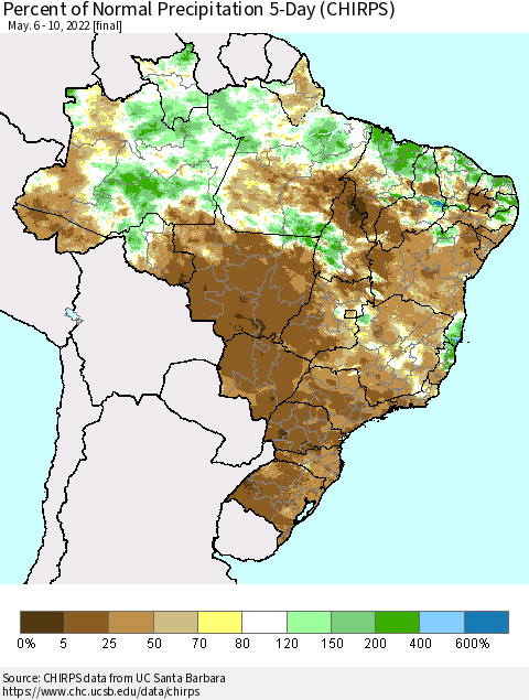 Brazil Percent of Normal Precipitation 5-Day (CHIRPS) Thematic Map For 5/6/2022 - 5/10/2022