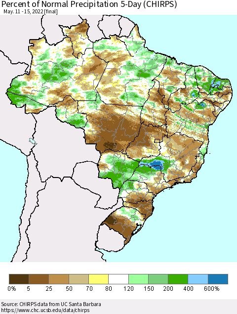 Brazil Percent of Normal Precipitation 5-Day (CHIRPS) Thematic Map For 5/11/2022 - 5/15/2022