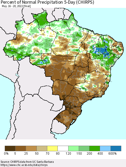 Brazil Percent of Normal Precipitation 5-Day (CHIRPS) Thematic Map For 5/16/2022 - 5/20/2022