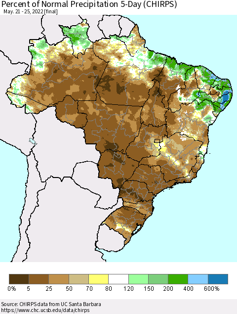 Brazil Percent of Normal Precipitation 5-Day (CHIRPS) Thematic Map For 5/21/2022 - 5/25/2022