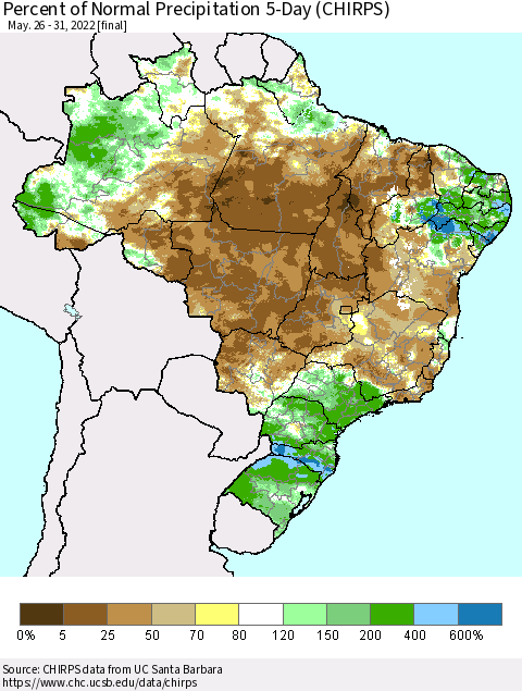 Brazil Percent of Normal Precipitation 5-Day (CHIRPS) Thematic Map For 5/26/2022 - 5/31/2022