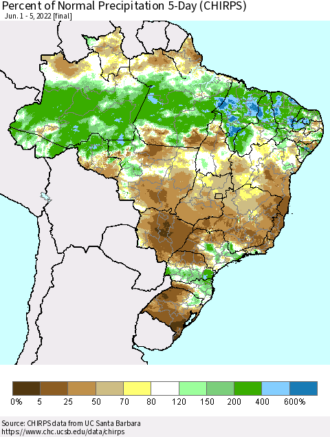 Brazil Percent of Normal Precipitation 5-Day (CHIRPS) Thematic Map For 6/1/2022 - 6/5/2022