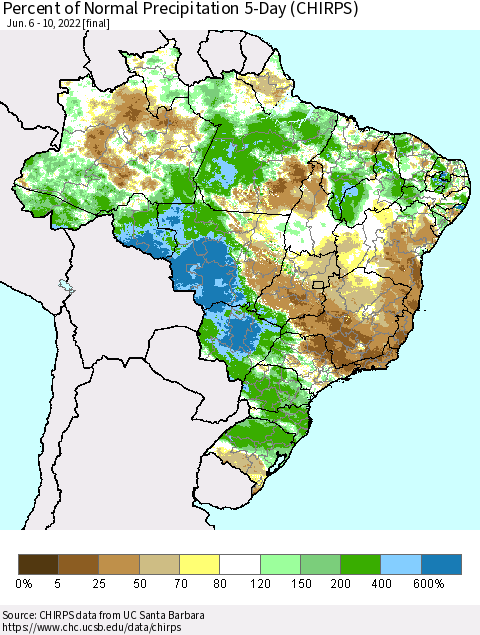 Brazil Percent of Normal Precipitation 5-Day (CHIRPS) Thematic Map For 6/6/2022 - 6/10/2022