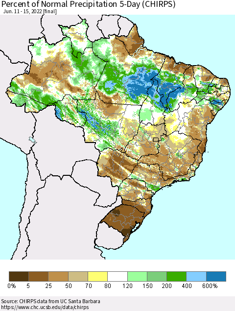Brazil Percent of Normal Precipitation 5-Day (CHIRPS) Thematic Map For 6/11/2022 - 6/15/2022