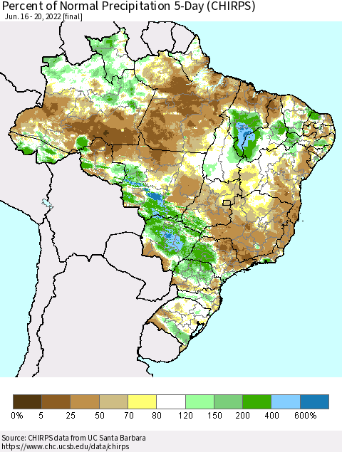 Brazil Percent of Normal Precipitation 5-Day (CHIRPS) Thematic Map For 6/16/2022 - 6/20/2022