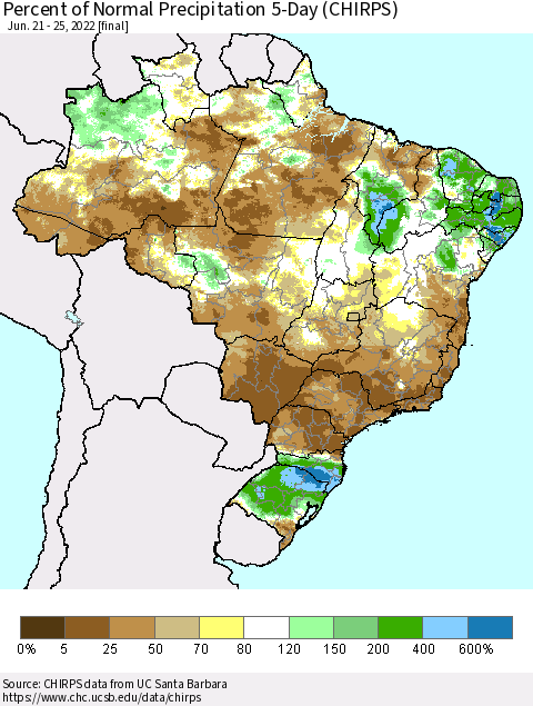 Brazil Percent of Normal Precipitation 5-Day (CHIRPS) Thematic Map For 6/21/2022 - 6/25/2022