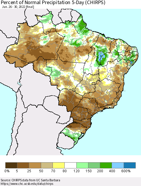 Brazil Percent of Normal Precipitation 5-Day (CHIRPS) Thematic Map For 6/26/2022 - 6/30/2022