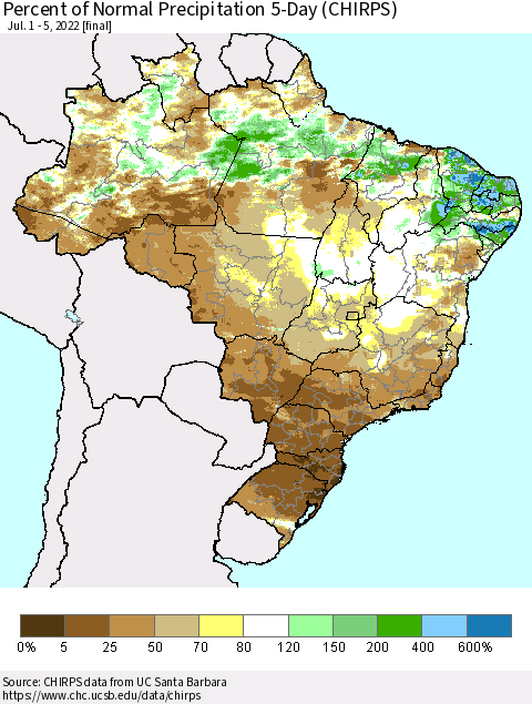 Brazil Percent of Normal Precipitation 5-Day (CHIRPS) Thematic Map For 7/1/2022 - 7/5/2022