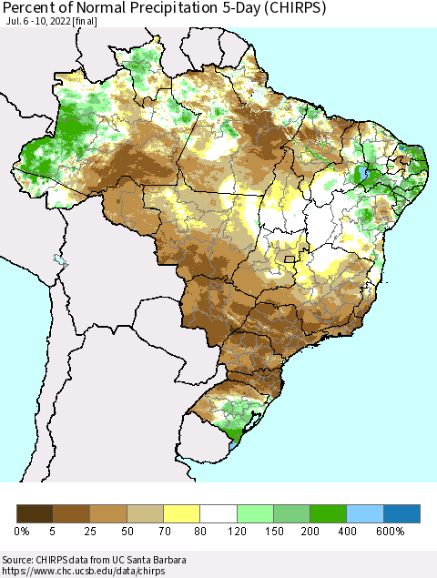 Brazil Percent of Normal Precipitation 5-Day (CHIRPS) Thematic Map For 7/6/2022 - 7/10/2022